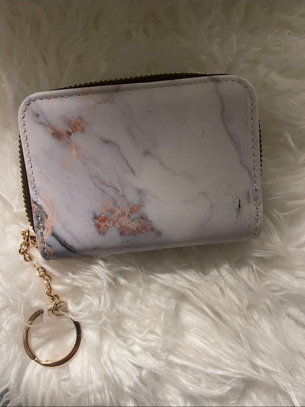 Marble-Print Zip Wallet Keychain - White & Rose Gold Accent